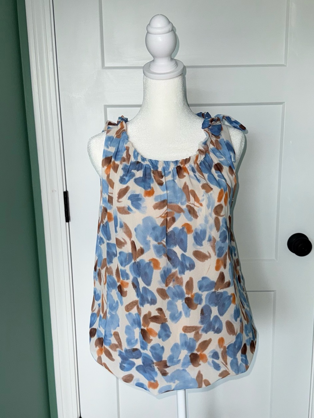 Italian Style Sleeveless Blue Floral Tie-Shoulder Top